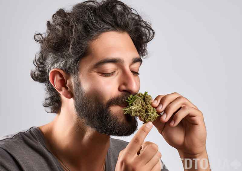 Guy happily smelling his weed