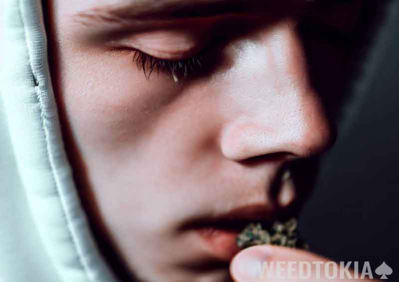 Guy smelling his weed