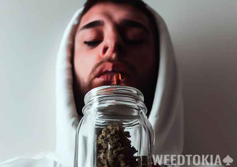 Man breathing into his weed