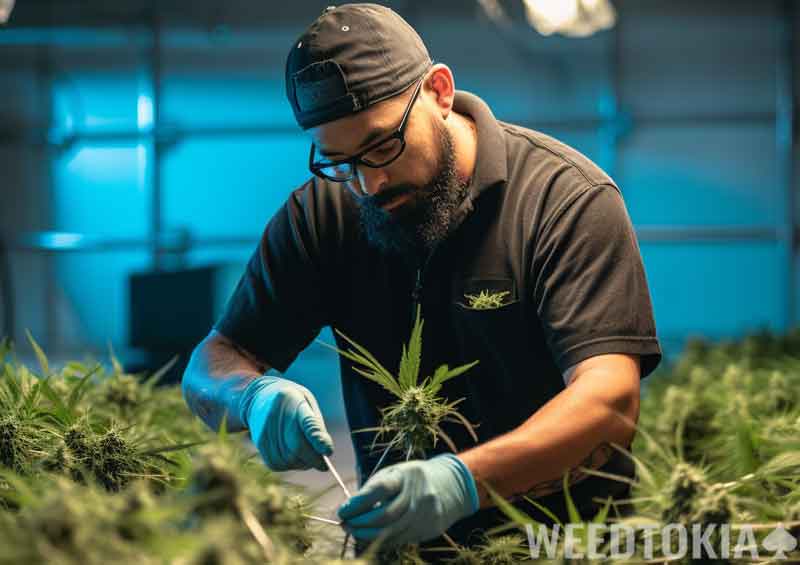 Technician trimming plants