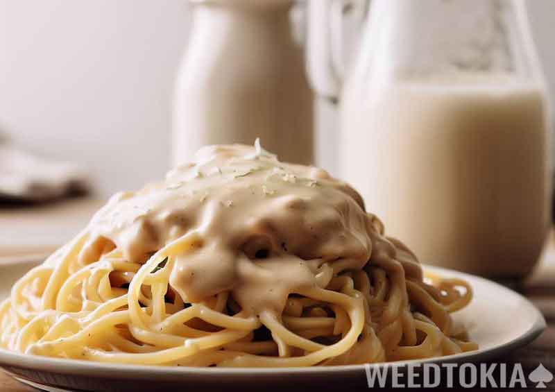 Cannabis alfredo sauce on table with noodles