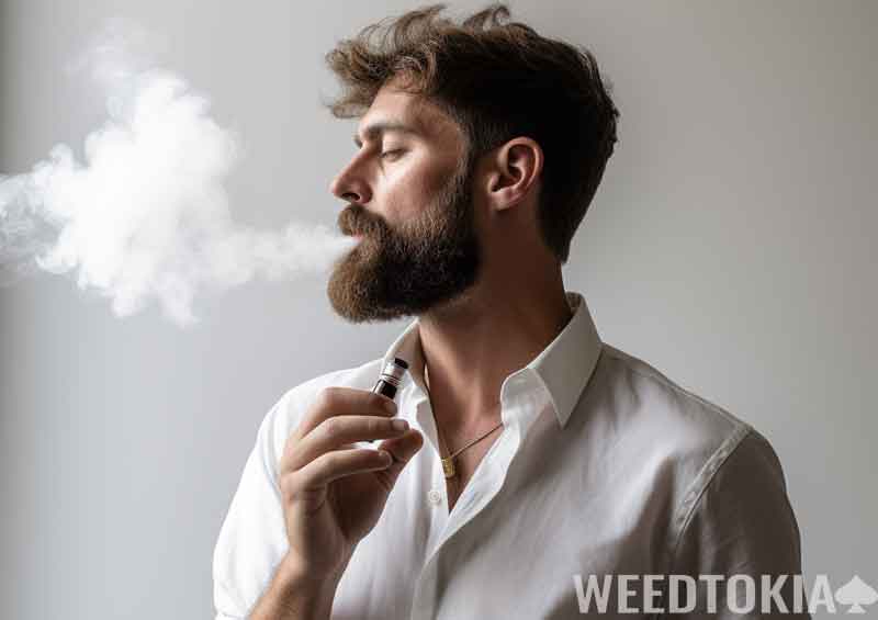 Guy puffing out of a small vaporizer