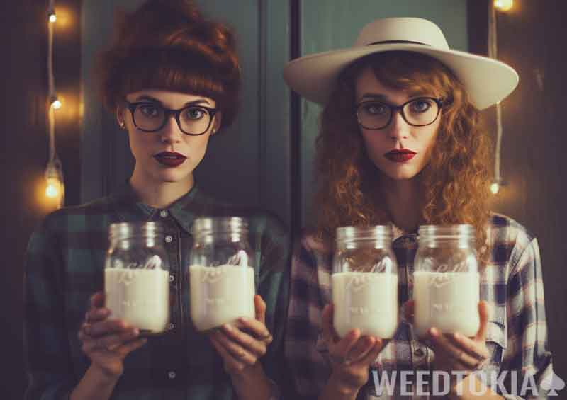 Hipster girls holding cannabis milk