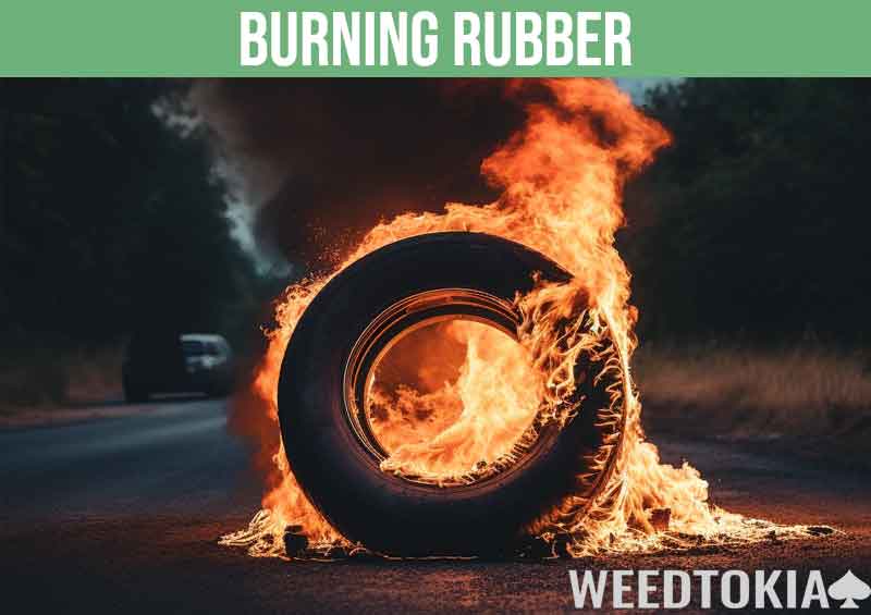 A tire burning near a road