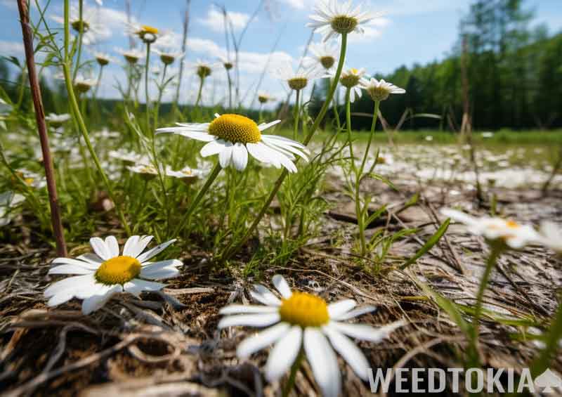 Chamomile growing near a forest