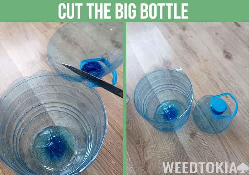 Cutting the big bottle of the Gravity Bong with dual illustrations