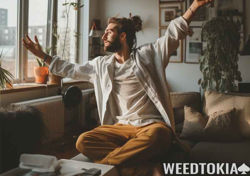 Guy doing stretching exercises in his apartment