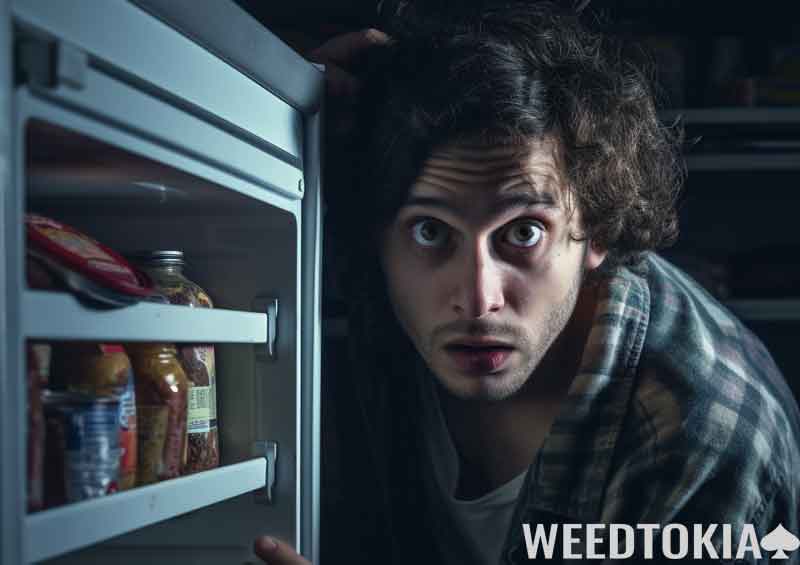 Hungry guy with munchies opening the fridge late at night