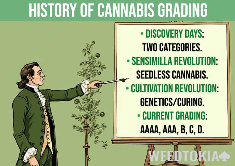 Infographic on the history of cannabis grading with 1700s botanist