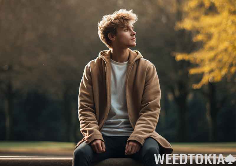 Man taking a deep breath at a park