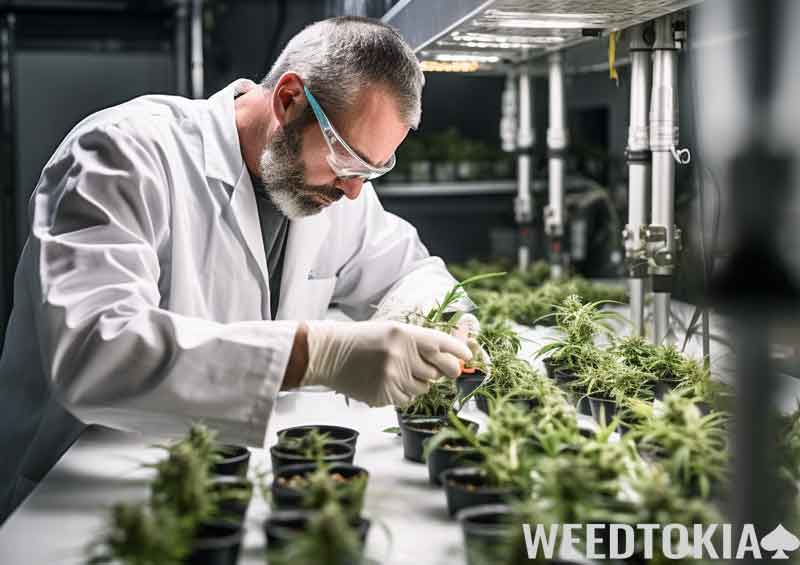 Technician testing cannabis quality at a modern facility