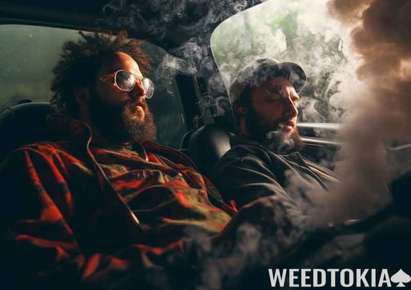 Two cool guys hotboxing in a car