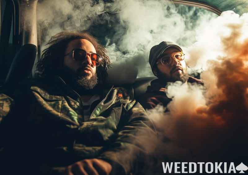 Two guys hotboxing in a car